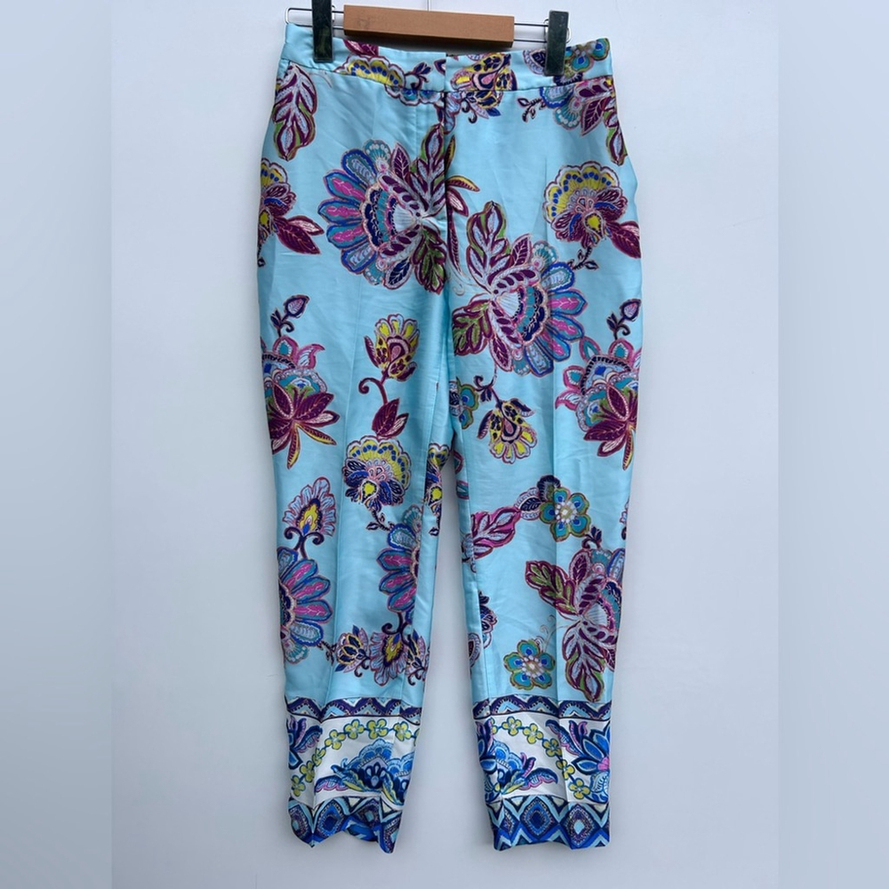 ZARA Blue print cropped-leg trousers, Floral Print Women's Pants - Picture 4 of 9